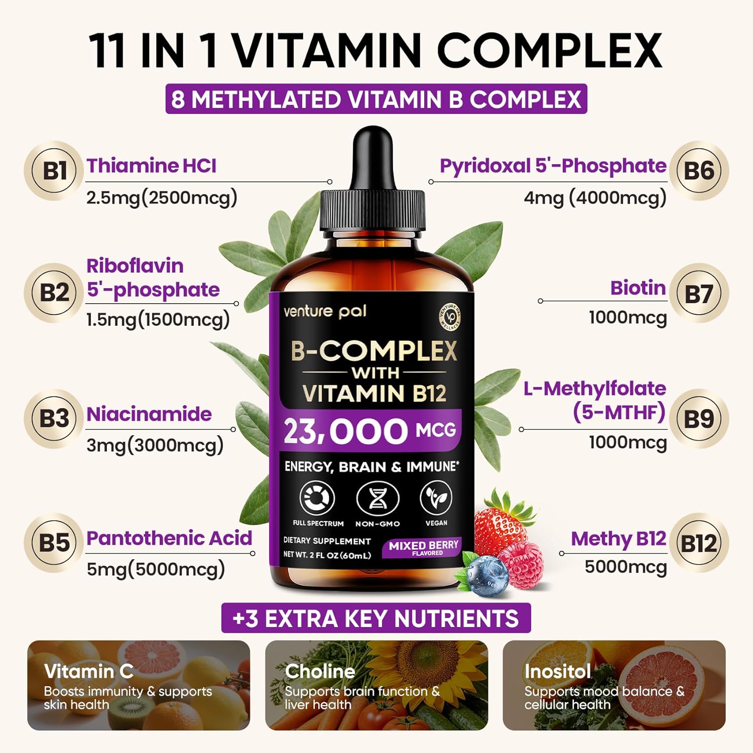 Venture Pal Vitamin B Complex Liquid Drops, B12 Methylcobalamin | B9 Folic | B1,B2,B3,B5,B6,B7 - Vitamin C, Choline, Inositol, Immune & Energy Metabolism, Brain & Heart Support - görsel 4