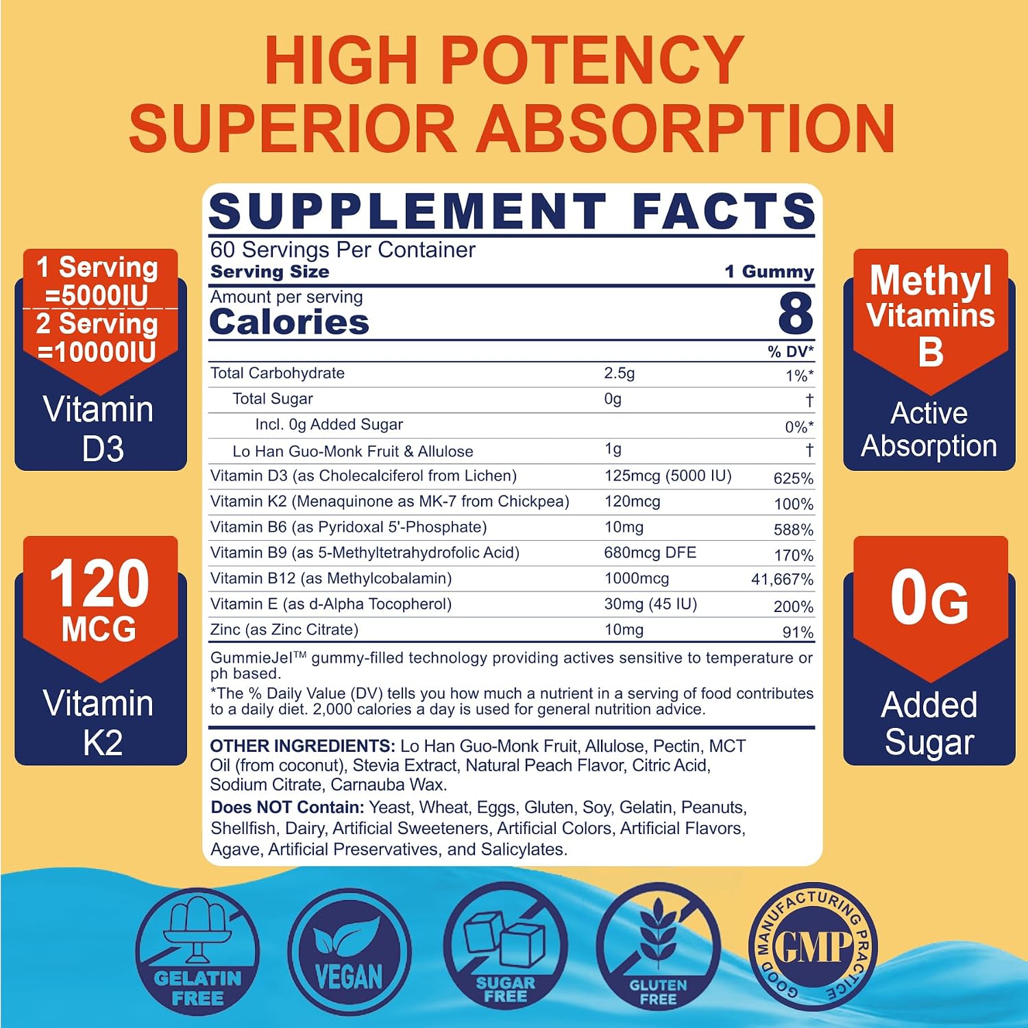NEVISS Vitamin D3 5000IU + K2 (MK-7) 120mcg Gummies – Sugar Free, with Methylated B12, B9, B6, Vitamin E, Zinc & MCT Oil – Contributes to Bone & Immune Health, 1 Pack - görsel 2