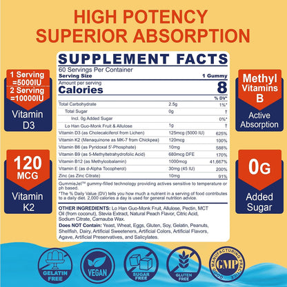 NEVISS Vitamin D3 5000IU + K2 (MK-7) 120mcg Gummies – Sugar Free, with Methylated B12, B9, B6, Vitamin E, Zinc & MCT Oil – Contributes to Bone & Immune Health, 1 Pack