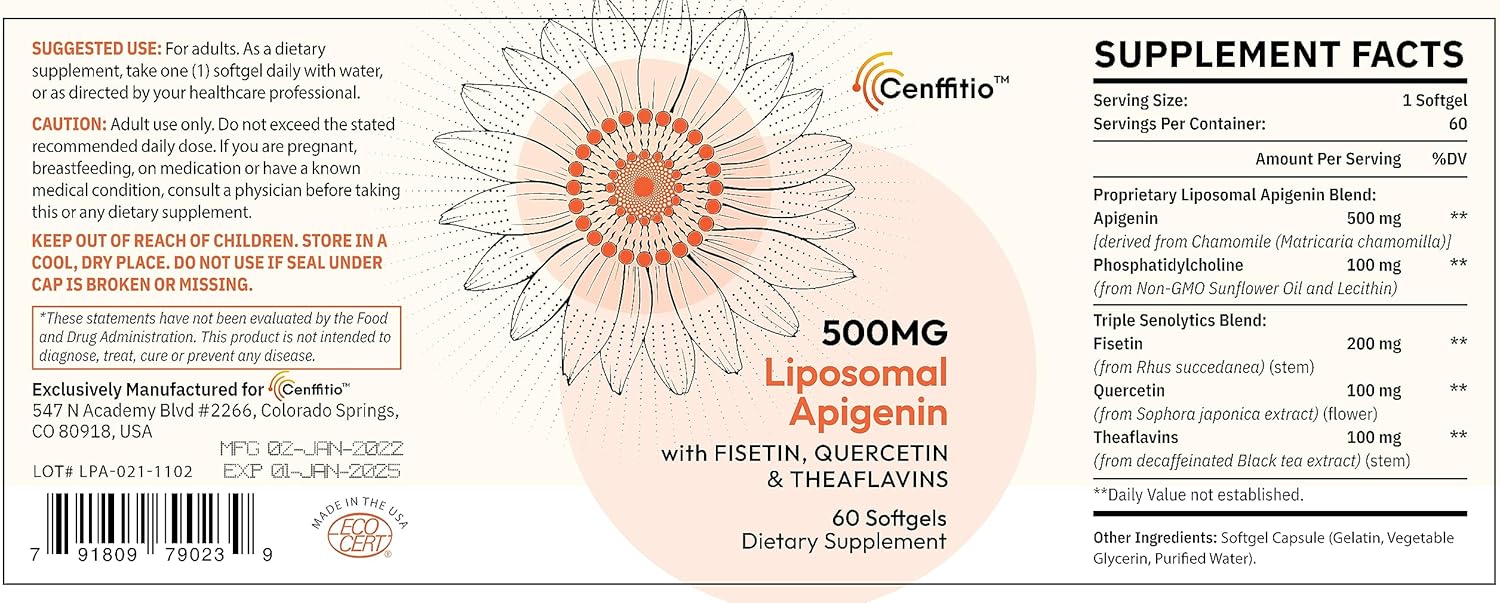 Cenffitio Liposomal Apigenin 500mg Softgels – with Fisetin, Quercetin & Theaflavins – 8-Month Supply - görsel 3
