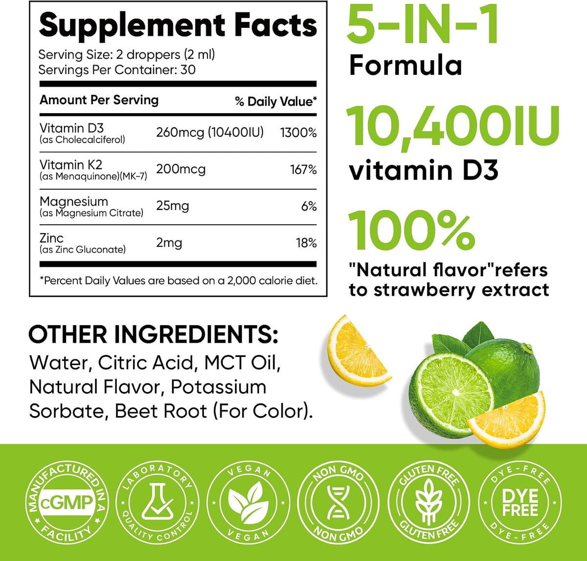 5-in-1 Vitamin D3 K2 Drops with Magnesium and Zinc – 10000 IU D3 & 200mcg K2 MK-7, Liquid Supplement, 60 ml (2 fl oz) – 60-Day Supply - görsel 8