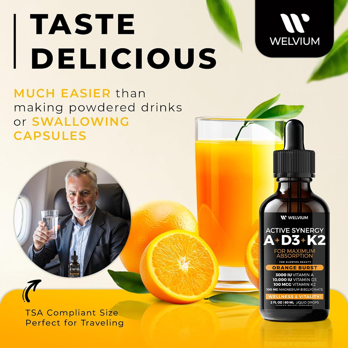 WELVIUM 7-in-1 Liquid Vitamin D3 K2 Magnesium Drops with 10,000 IU D3, MK-7, Vitamin A, Calcium, MCT Oil – Immune, Bone & Skin Support (30 Servings) - görsel 2