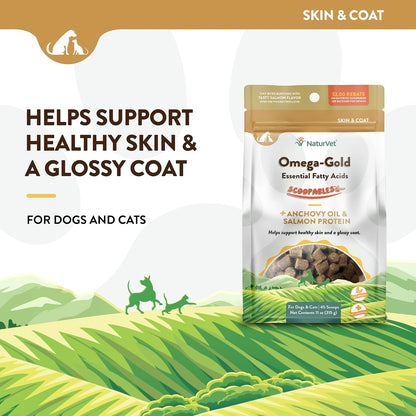NaturVet Scoopables Omega-Gold Anchovy Oil & Salmon Supplement For Dogs and Cats - Supports Healthy Skin & Coat Plus DHA, EPA, Omega-3, & Omega-6 - Anchovy & Salmon Flavoured For Dog and Cat | 312g Bag