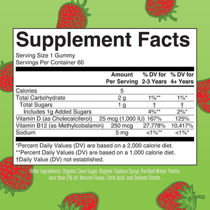 MARYRUTH'S Vitamin D3 + B12 Gummies for Ages 4+ | Bone Health | Immune Support | Energy Metabolism | Cognitive Function | Vegan | GM-Free | Gluten-free | 60 Gummies | 2 Month Supply
