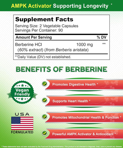 aSquared Nutrition Pure Berberine 1000 mg – 180 Vegetable Capsules