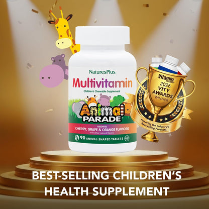 NaturesPlus Animal Parade Children's Chewable Multivitamin - 90 Animal-Shaped Tablets - Natural Assorted Flavours - Vegetarian, Gluten Free