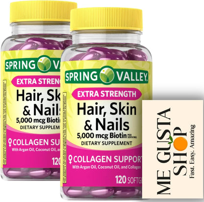 Spring Valley Hair, Skin and Nails Biotin Collagen Gelatine Extra Strength Food Supplement (Pack of 2, 240 Soft Capsules)