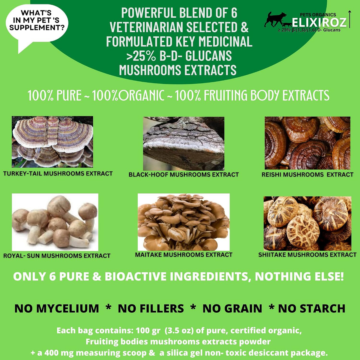 Mushroom Complex for Dogs and Cats – 25%+ Beta Glucans – Fruiting Body Extract Blend (Turkey Tail, Reishi, Maitake, Shiitake) – Immune and Gut Support – No Mycelium, No Fillers – 250 Servings - görsel 6
