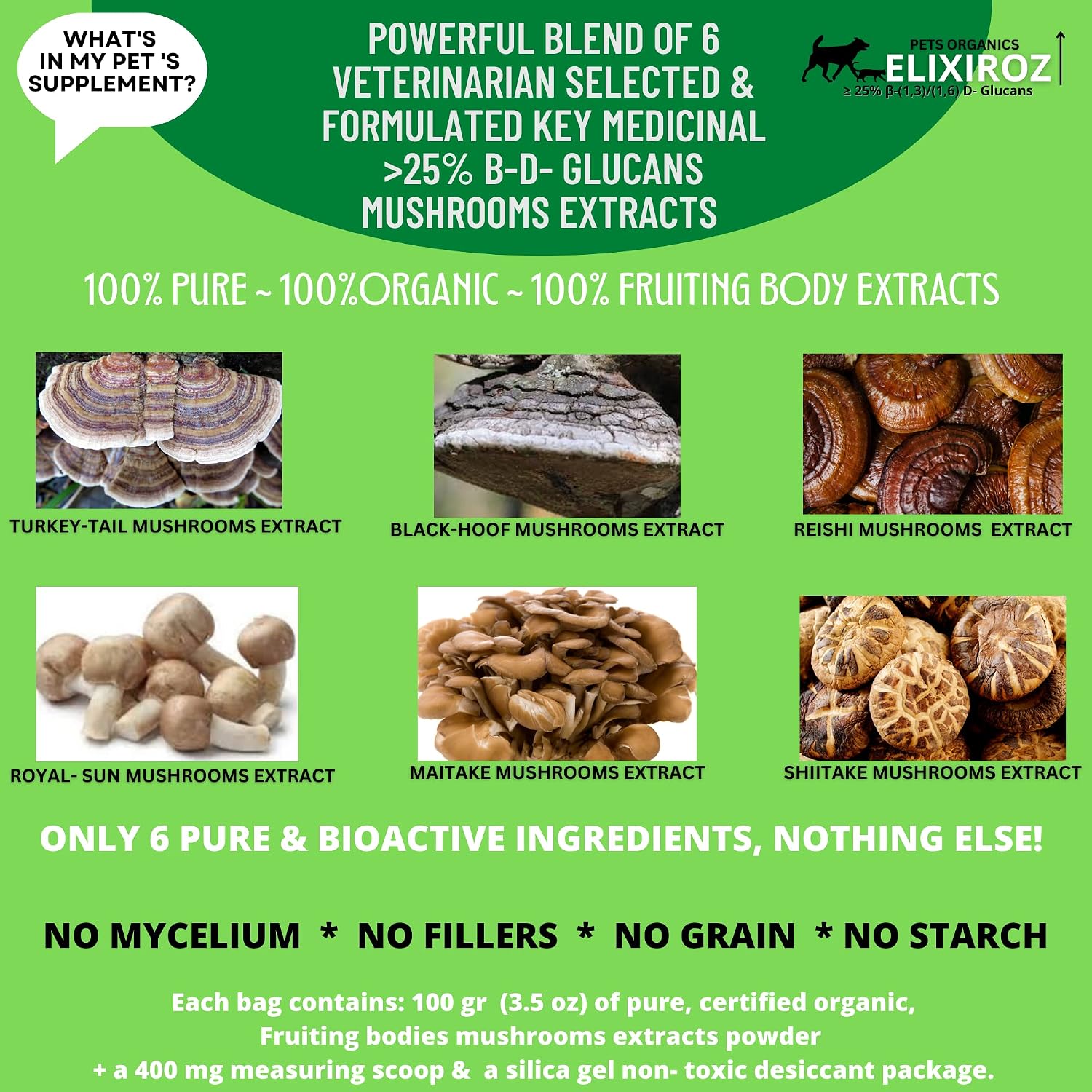 Mushroom Complex for Dogs and Cats – 25%+ Beta Glucans – Fruiting Body Extract Blend (Turkey Tail, Reishi, Maitake, Shiitake) – Immune and Gut Support – No Mycelium, No Fillers – 250 Servings - görsel 6