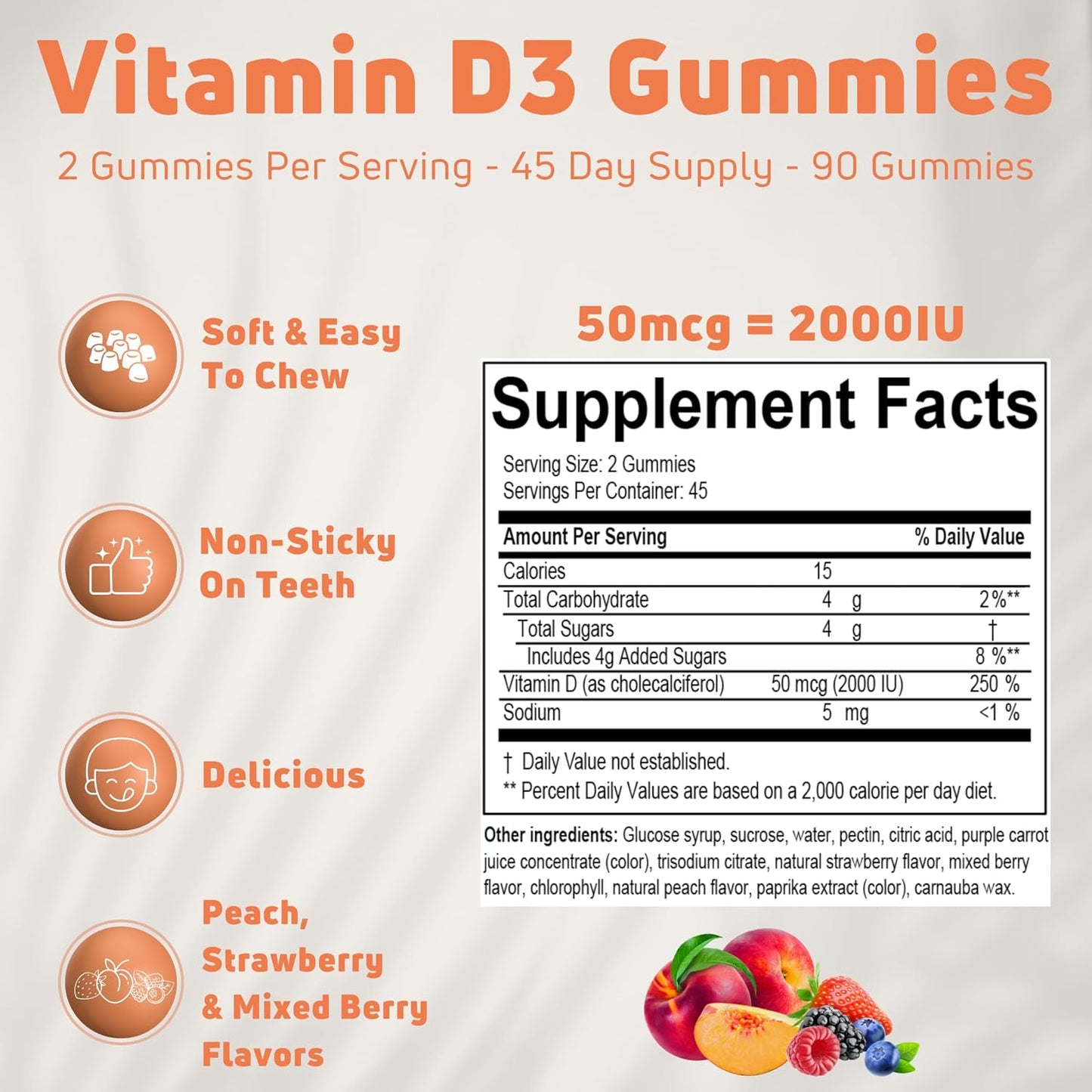 NUELATION Vitamin D3 Gummies for Adults - 2000 IU - Peach, Strawberry & Mixed Berry - 90 Count (45 Servings) - görsel 2