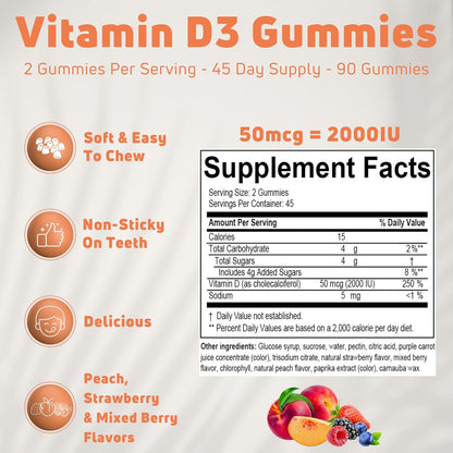 NUELATION Vitamin D3 Gummies for Adults - 2000 IU - Peach, Strawberry & Mixed Berry - 90 Count (45 Servings)