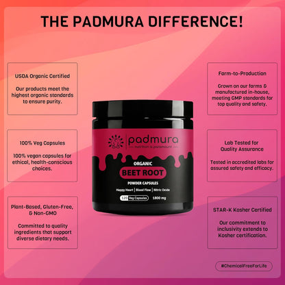 PADMURA Organic Beet Root Powder Capsules, 1800mg, 120 Vegan Capsules - USDA Organic, Non-GMO, Gluten-free