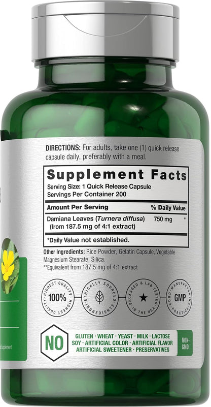 Horbäach Damiana Leaf Extract | 200 Capsules | Herbal Food Supplement