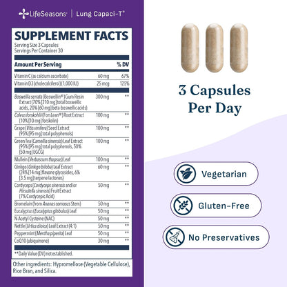 Lung Capaci-T - Respiratory Support Supplement - CoQ10, N-Acetyl Cysteine, Boswellia, Eucalyptus, Mullein, Green Tea, Nettle & Peppermint - Supports Oxygen Capacity & Mucus Clearance - 90 Capsules