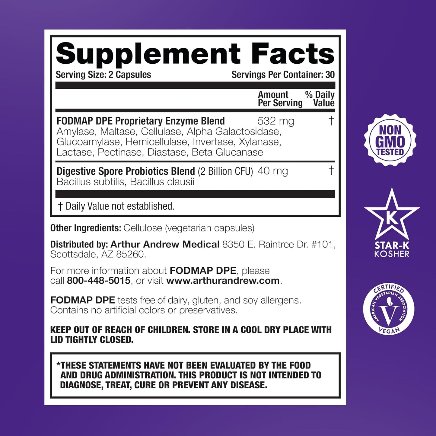 Arthur Andrew Medical FODMAP DPE – Digestive Enzymes and Probiotics for FODMAP Sensitivity – 60 Capsules - görsel 2