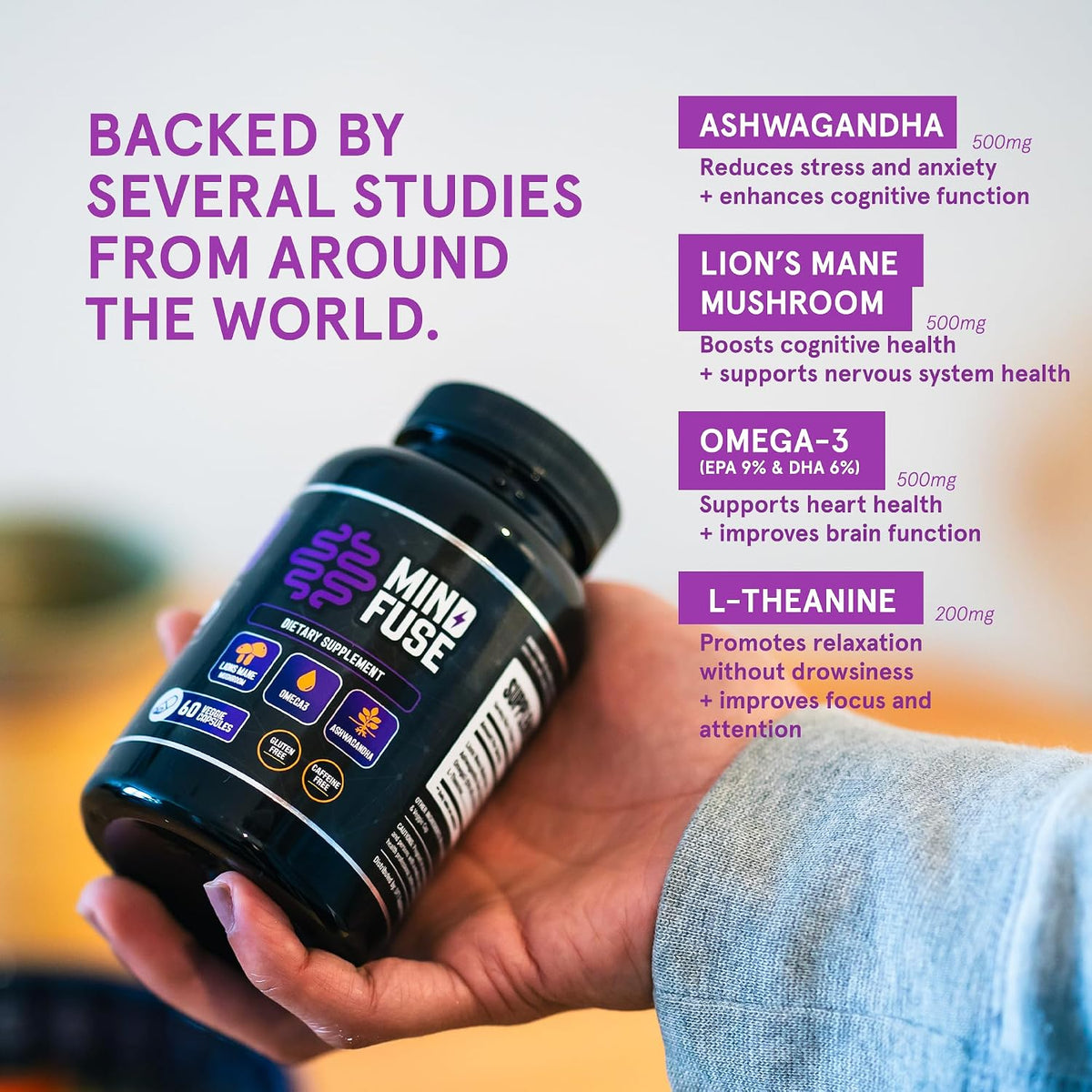 Nootropic Memory Booster Supplement for Adults - Lion's Mane Capsules with Omega-3, Ashwagandha and L-Theanine for Focus and Memory - Gluten-Free 60 Capsules - görsel 3