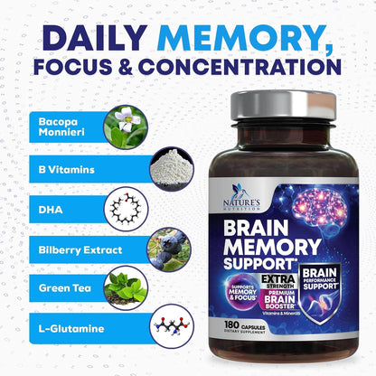 Nature's Nutrition Brain Memory Supplement - 3X Strength Nootropics for Focus, Clarity & Memory, 180 Capsules