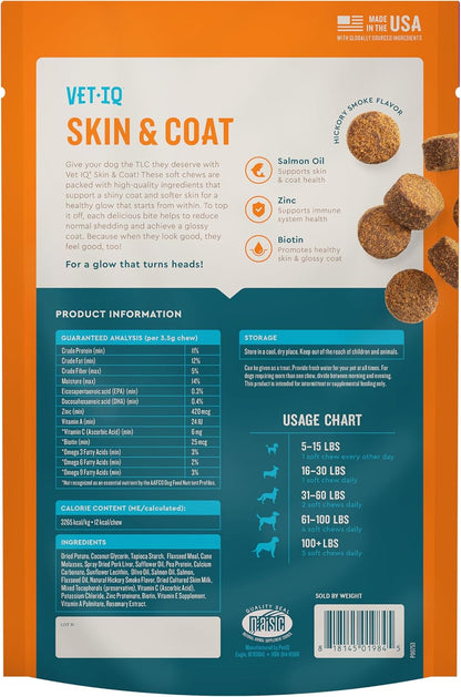 VetIQ Skin and Coat Supplement for Dogs - Omega-3, 6 and 9 - Hickory Smoke Flavour Dog Chews - 60 Count