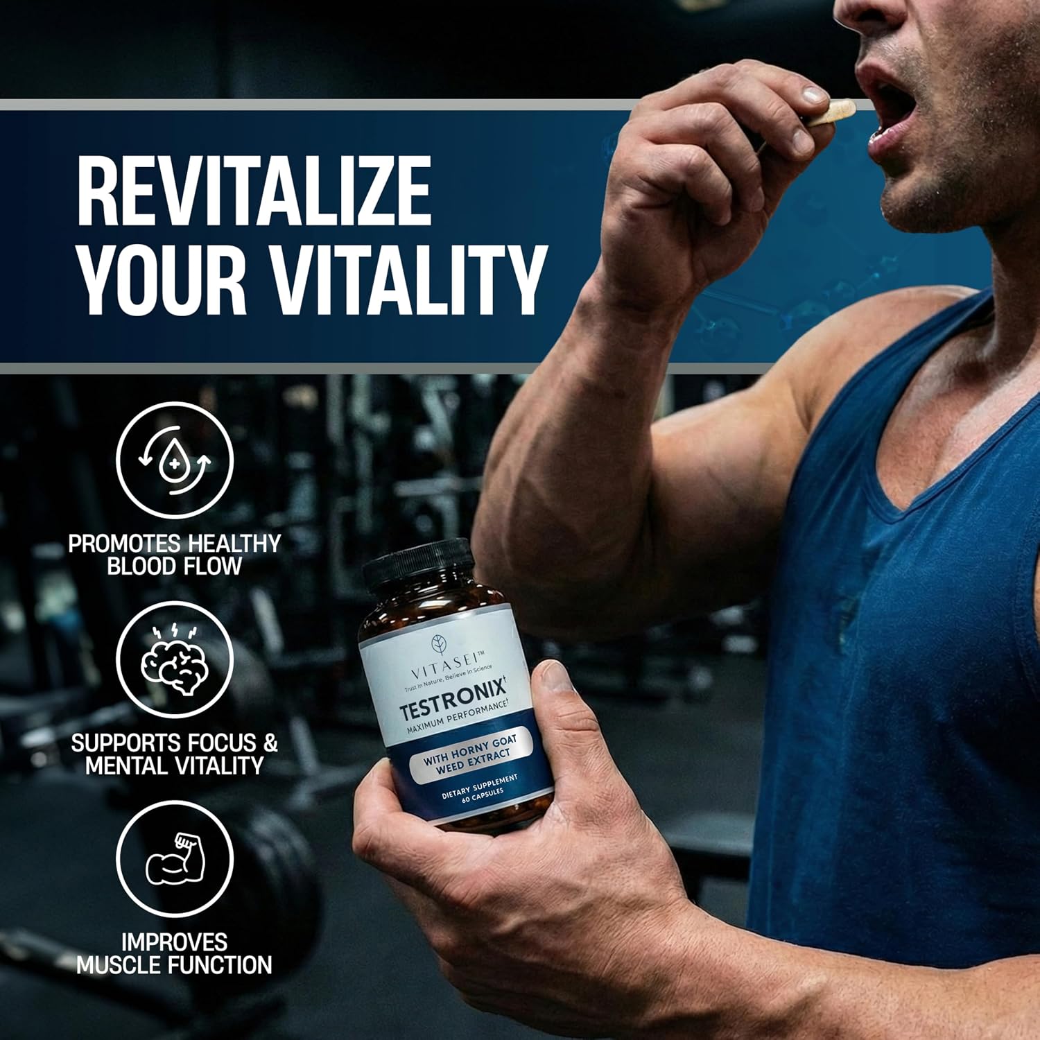 VITASEI Testronix Performance Supplement for Men – Energy and Muscle Support – 60 Capsules (Pack of 2) - görsel 1