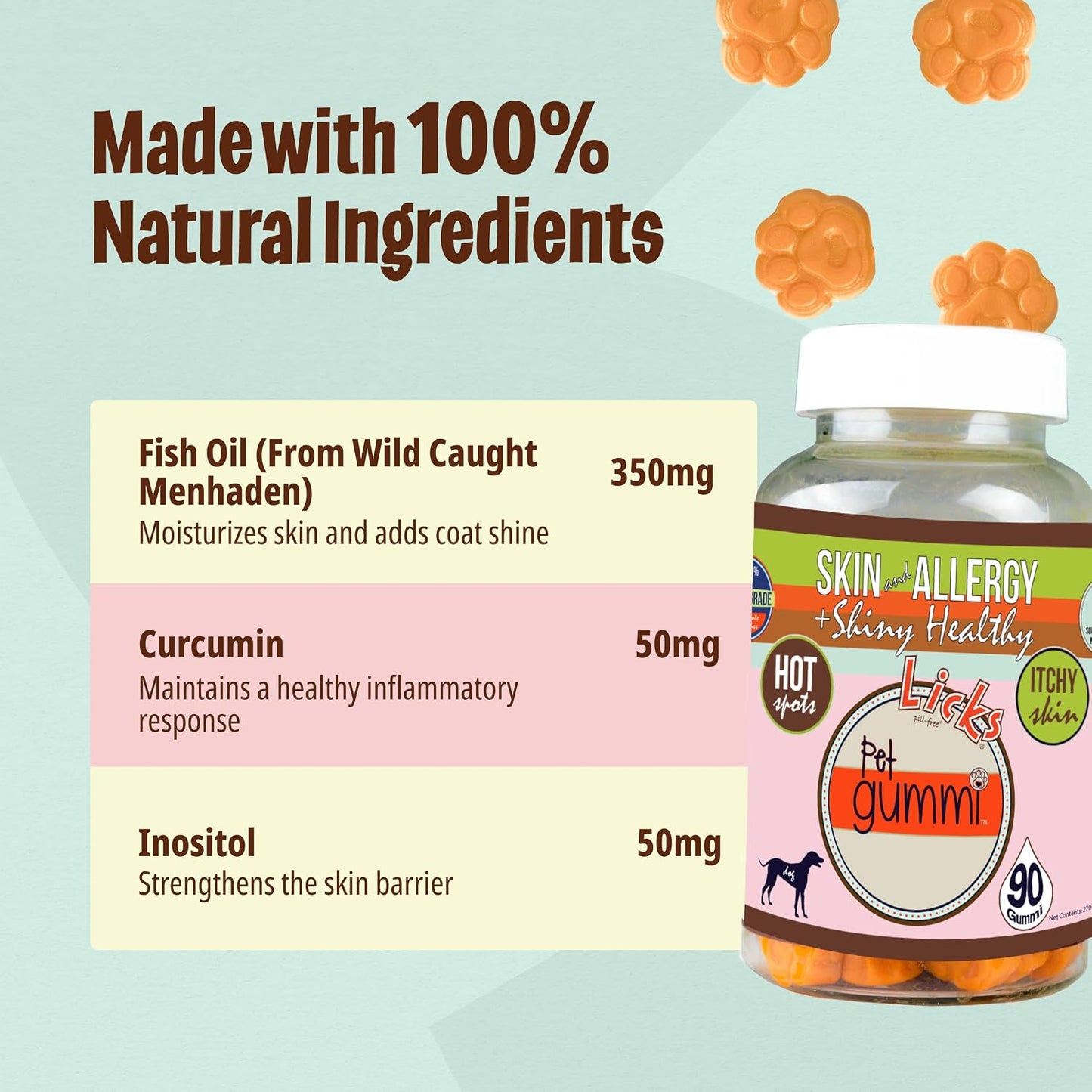 Licks Skin & Allergy - Skin, Coat & Seasonal Allergy Support for Dogs - Omega-3, Turmeric, Inositol & Vitamin C - Pill-Free Pet Gummies - Chicken Flavour - 90 Count - görsel 2