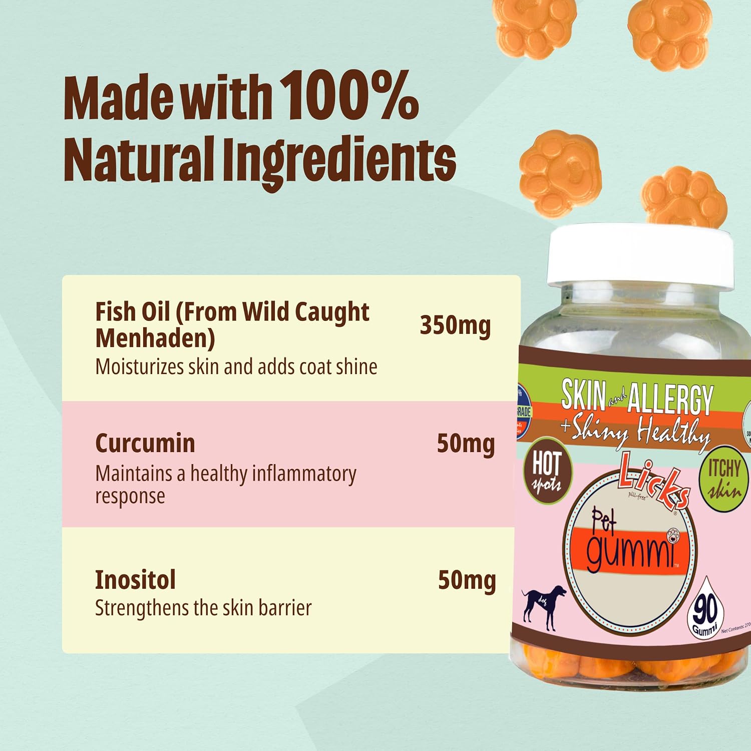 Licks Skin & Allergy - Skin, Coat & Seasonal Allergy Support for Dogs - Omega-3, Turmeric, Inositol & Vitamin C - Pill-Free Pet Gummies - Chicken Flavour - 90 Count - görsel 2