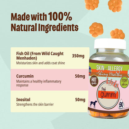 Licks Skin & Allergy - Skin, Coat & Seasonal Allergy Support for Dogs - Omega-3, Turmeric, Inositol & Vitamin C - Pill-Free Pet Gummies - Chicken Flavour - 90 Count