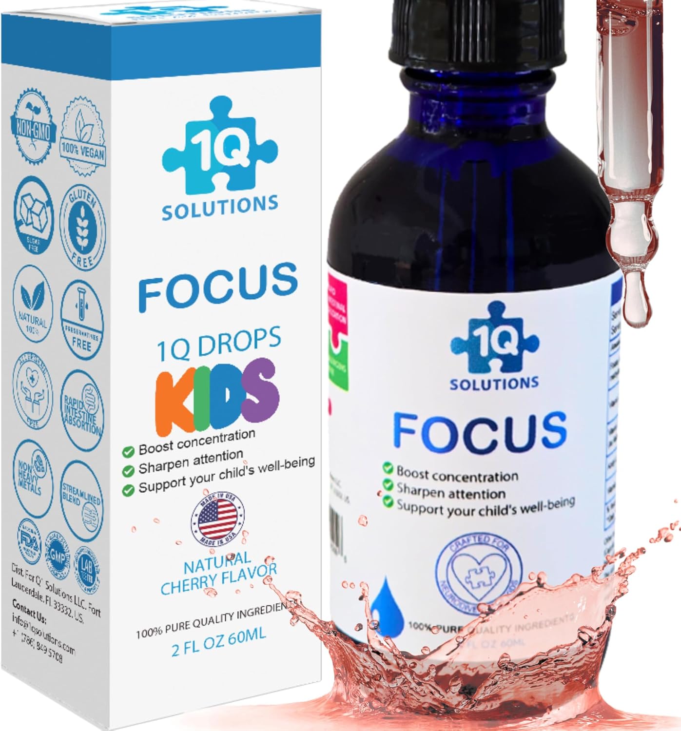 1Q Focus Liquid Brain Supplement for Kids | L-Methylfolate, Acetyl L-Carnitine, B1 B6 B12 Drops | Sugar-Free Vegan | 60 ml - görsel 1