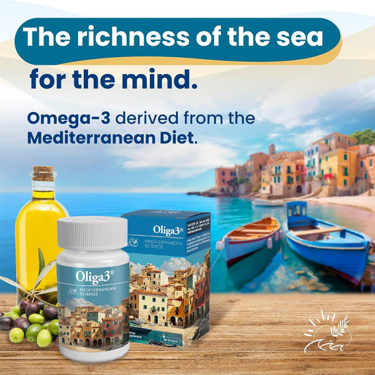 Oliga3 Omega-3 EPA DHA with Olive Oil, Vitamin D, E – Mediterranean Diet Inspired Food Supplement, 30 Softgels