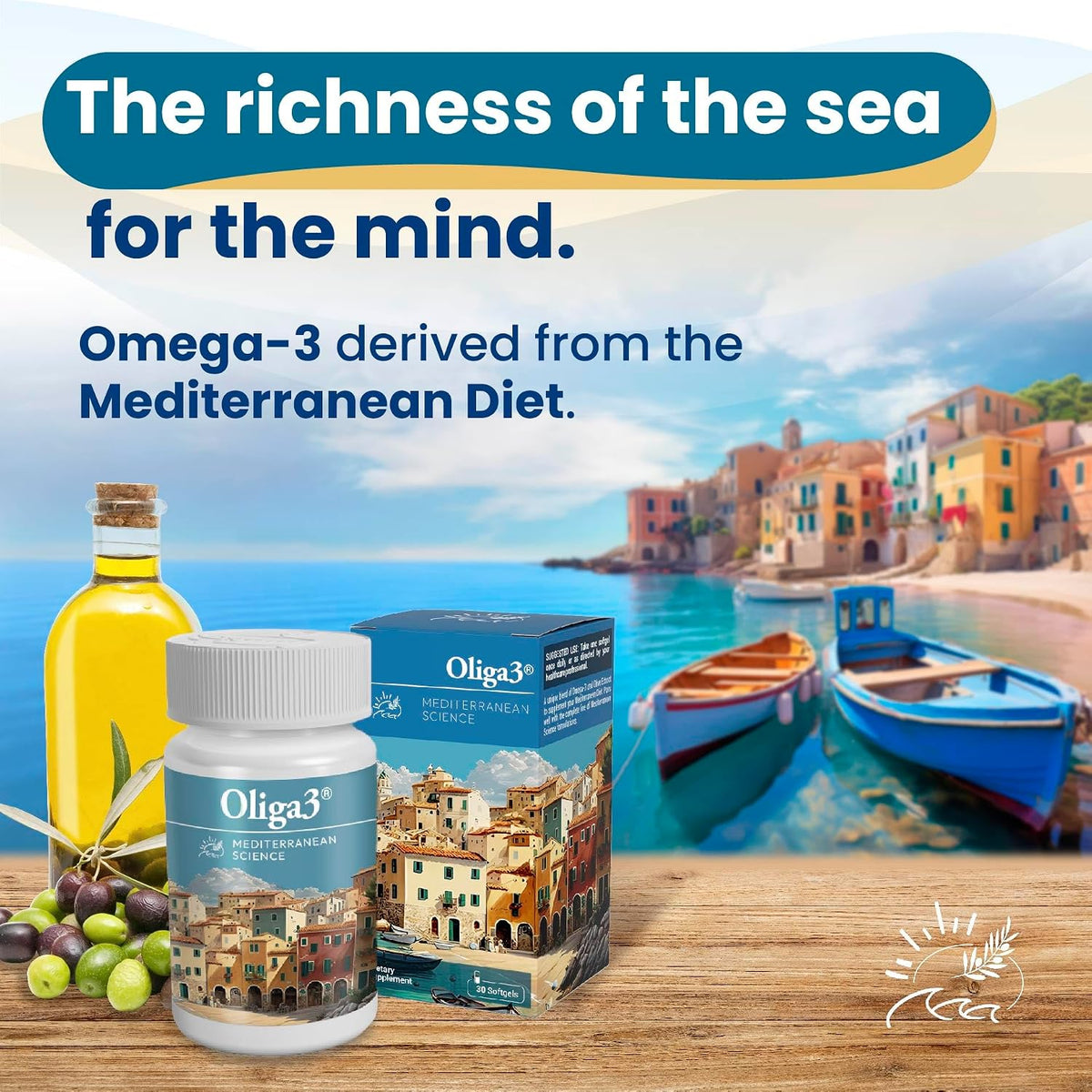 Oliga3 Omega-3 EPA DHA with Olive Oil, Vitamin D, E - Mediterranean Diet Inspired Supplement for Cardiovascular & Cognitive Health - 30 Soft gel capsules - görsel 1