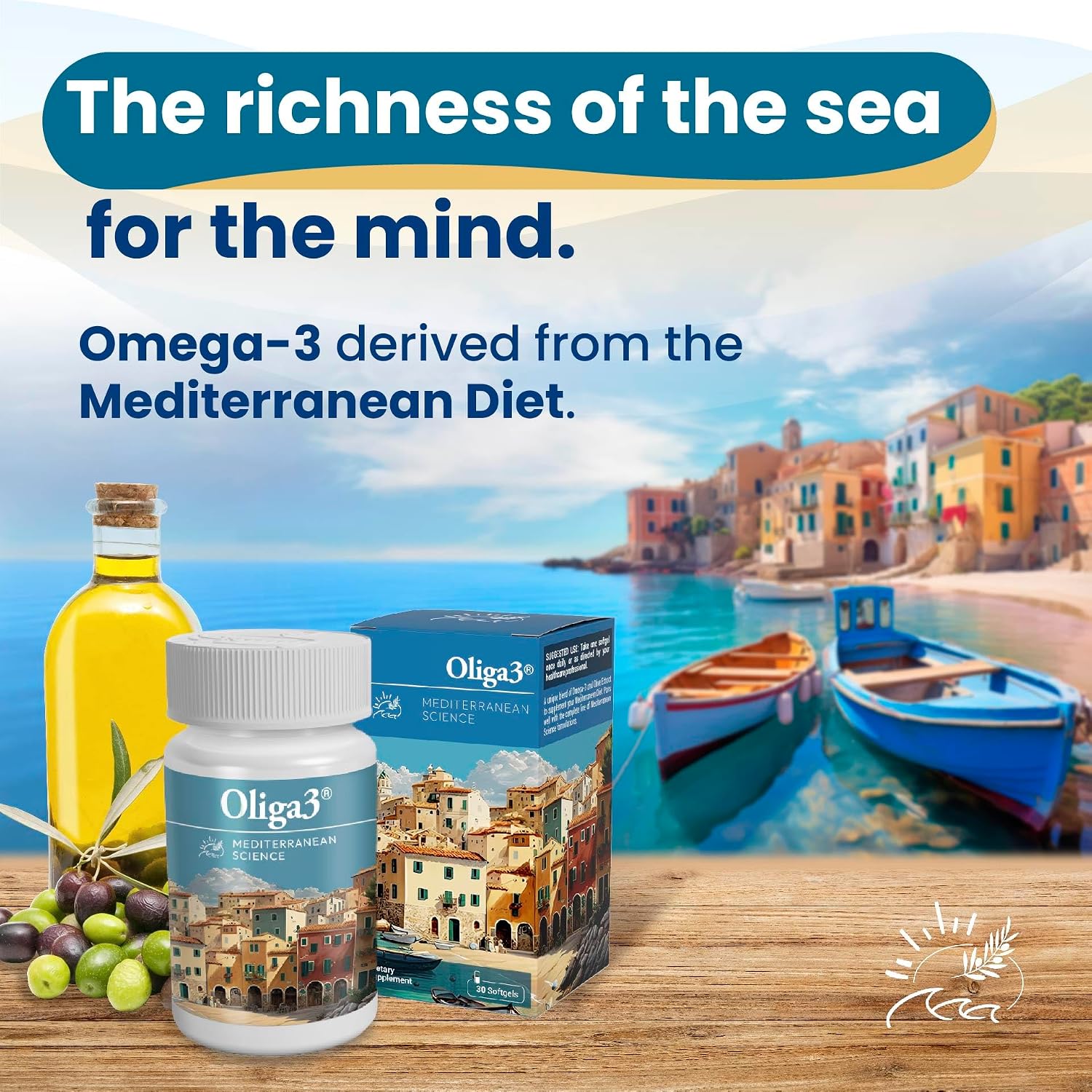 Oliga3 Omega-3 EPA DHA with Olive Oil, Vitamin D, E - Mediterranean Diet Inspired Supplement for Cardiovascular & Cognitive Health - 30 Soft gel capsules - görsel 1