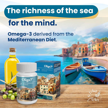Oliga3 Omega-3 EPA DHA with Olive Oil, Vitamin D, E - Mediterranean Diet Inspired Supplement for Cardiovascular & Cognitive Health - 30 Soft gel capsules