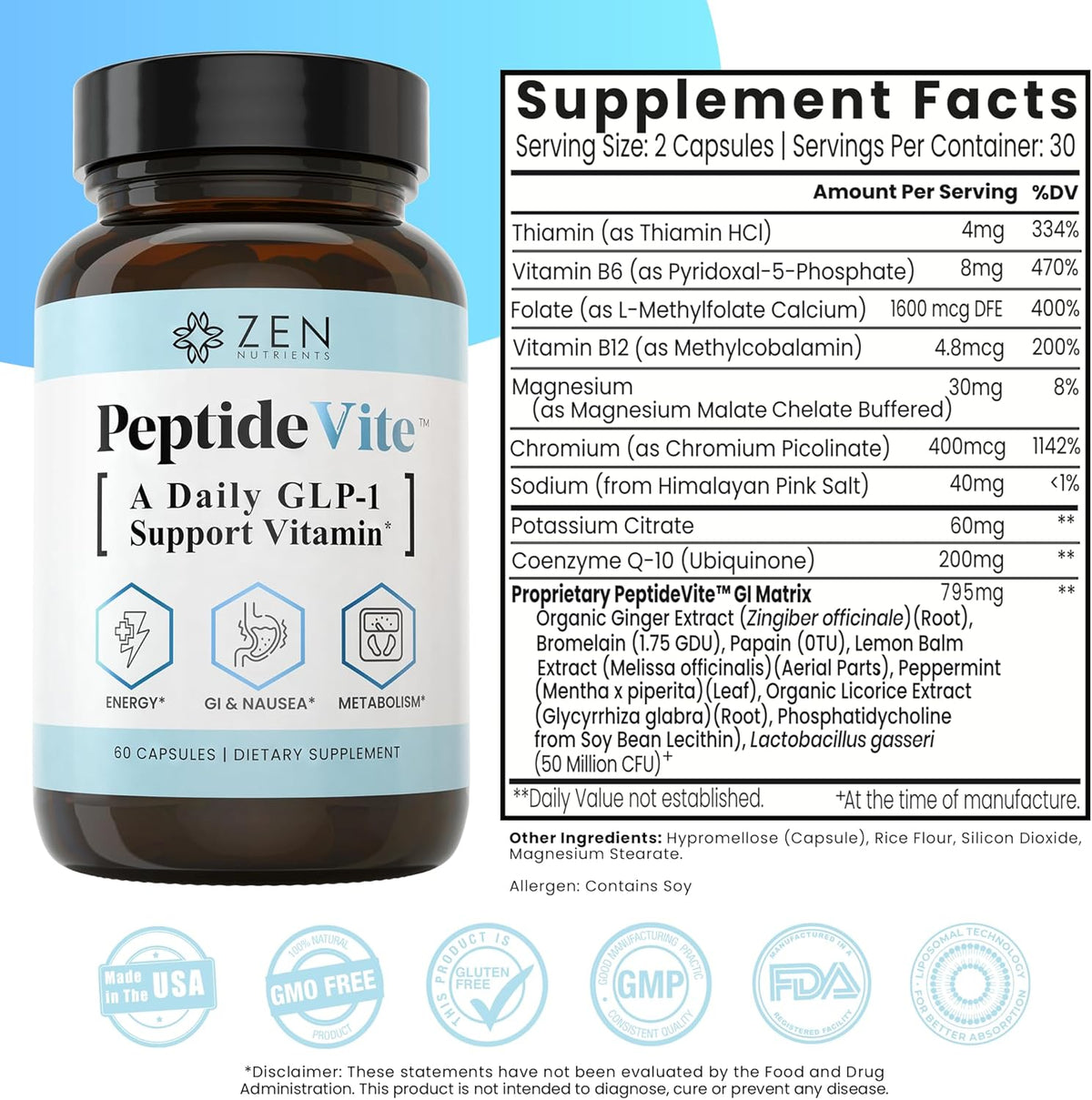 Zen Nutrients PeptideVite GLP-1 Support Supplement for Gut Health with Probiotics, Bromelain, Chromium Picolinate & Organic Ginger (60 Capsules) - görsel 4