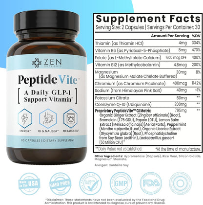 Zen Nutrients PeptideVite GLP-1 Support Supplement for Gut Health with Probiotics, Bromelain, Chromium Picolinate & Organic Ginger (60 Capsules)