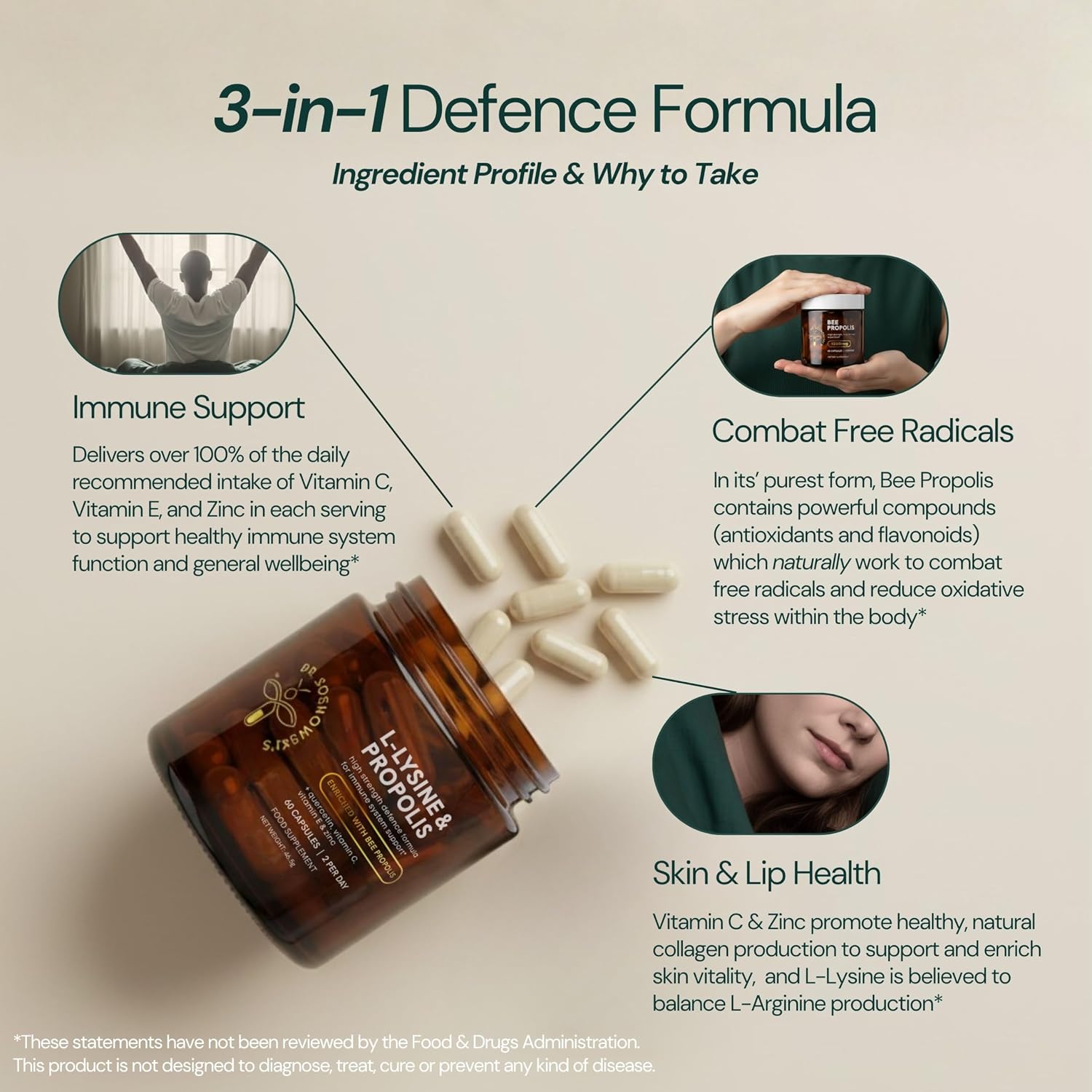 Dr Sosnowski's L-Lysine & Propolis Supplements | High Potency L-Lysine Immune Support Formula with 5:1 Propolis Extract, Quercetin, Vitamin C, Vitamin E and Zinc - görsel 2