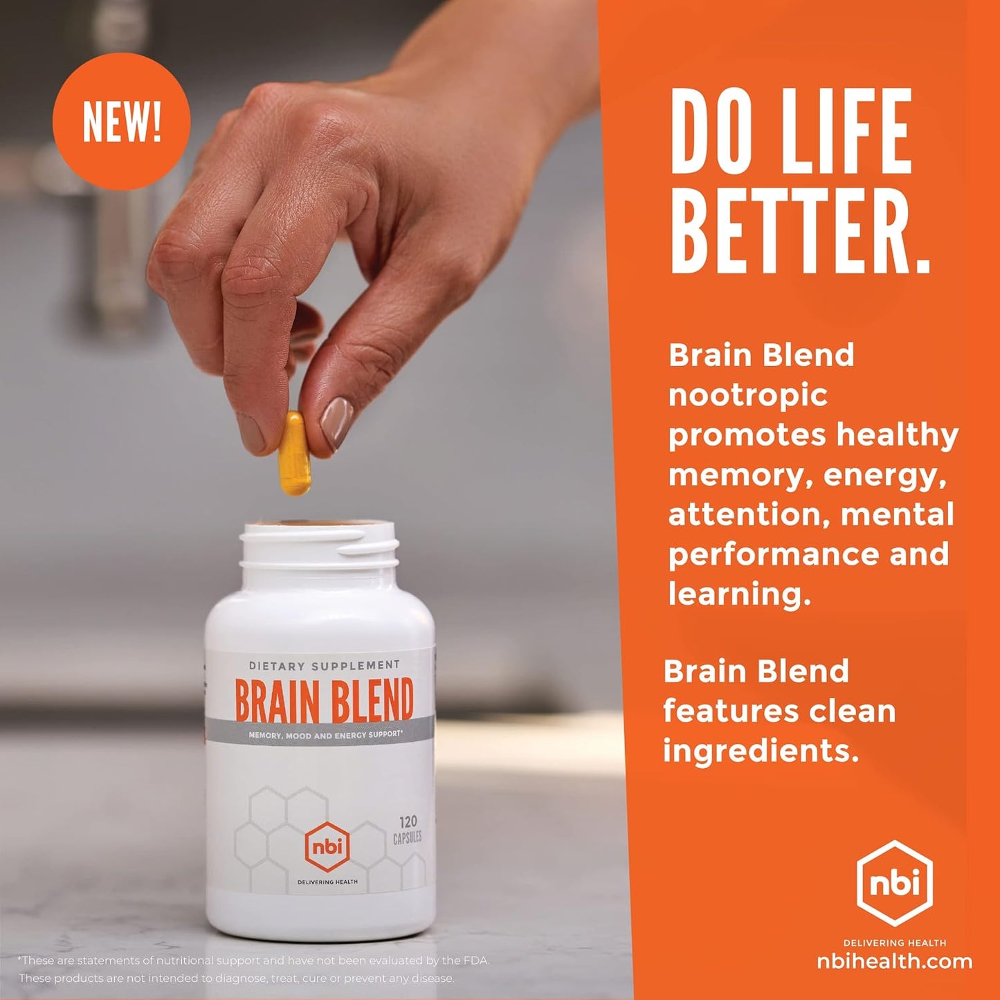 NBI Brain Blend for Memory, Focus, Concentration & Cognitive Function - Caffeine-Free Nootropic with ALCAR, Alpha Lipoic Acid, Huperzine A, Turmeric - 120 Capsules - görsel 4