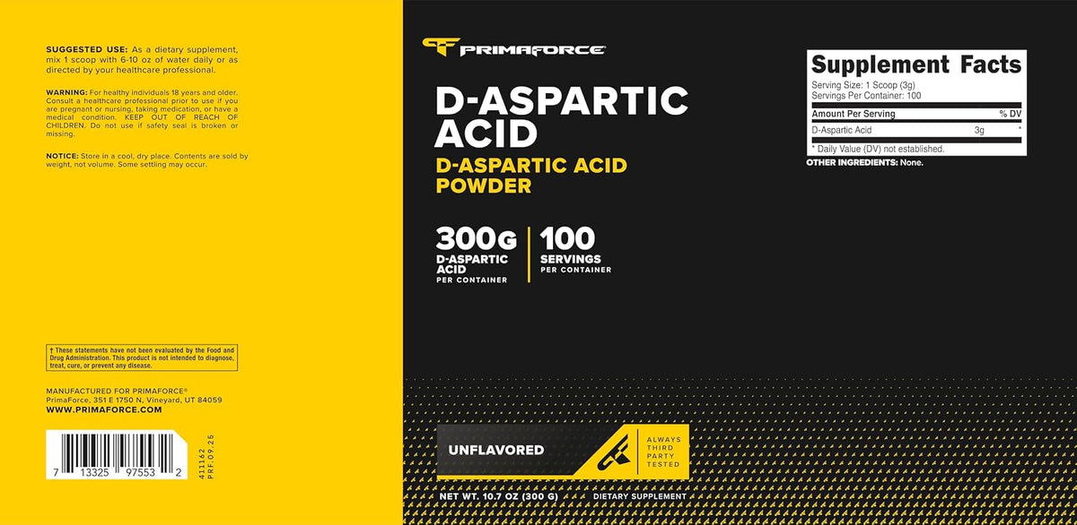 Primaforce D-Aspartic Acid - 300g (100 Servings), Unflavoured, Vegetarian, Non-GM - görsel 6