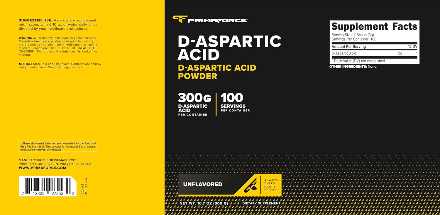 Primaforce D-Aspartic Acid - 300g (100 Servings), Unflavoured, Vegetarian, Non-GM - görsel 6