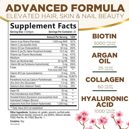 Nature's Nutrition Hair, Skin and Nails Vitamins - Biotin 5000mcg with Collagen, Argan Oil & Hyaluronic Acid - 60 Soft gel capsules