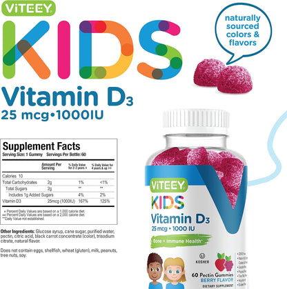 Viteey Vitamin D3 Children's Gummies 25mcg 1000 IU – Tasty Chewable Berry Flavoured | Bone Maintenance, Immune Function, Muscle Support – Vegetarian, Gelatine Free, Gluten-free, Non-GMO – 60 Count
