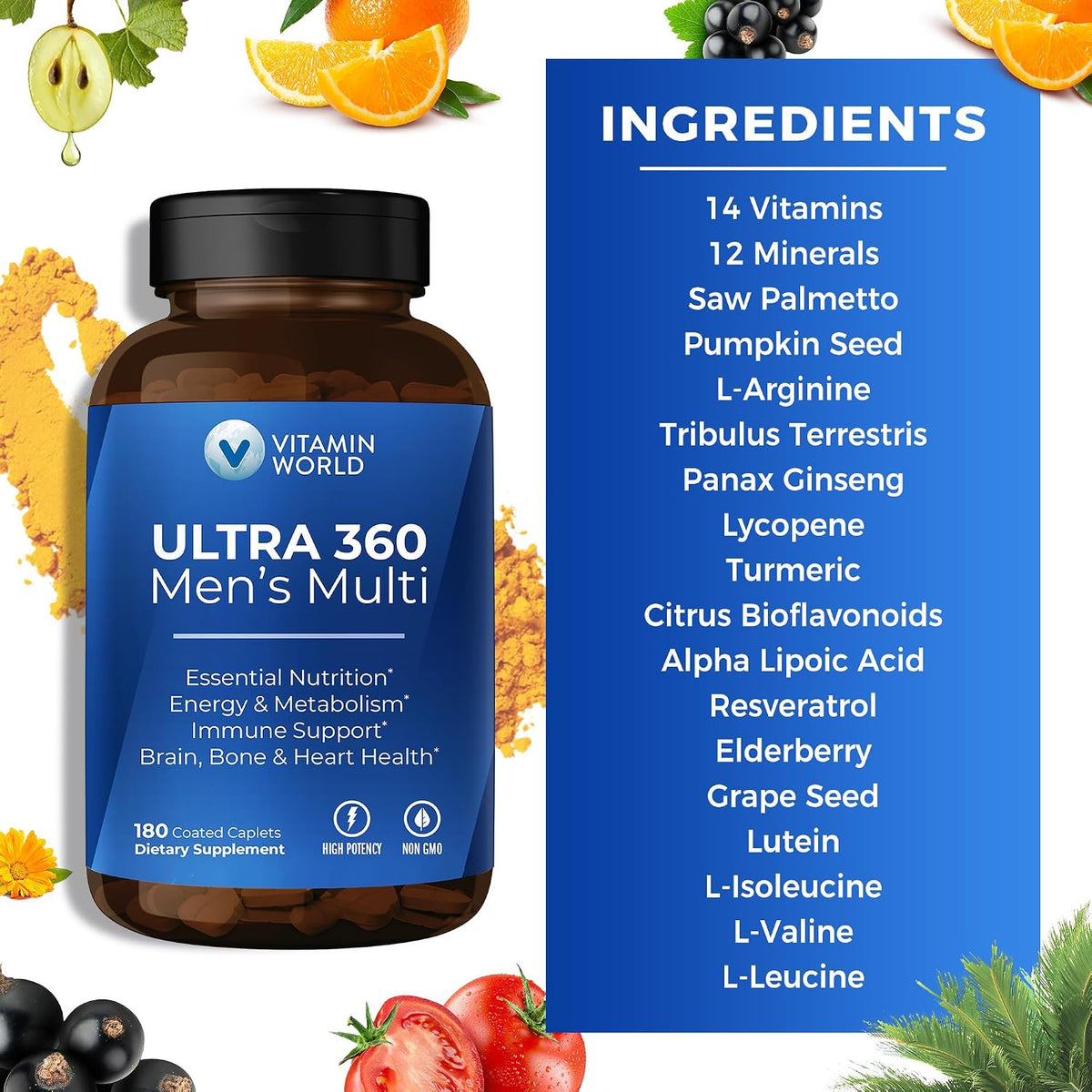 Vitamin World Ultra 360 Multivitamin for Men, Men's Multivitamin with Herbs & Antioxidants for Energy & Performance, Supplement with Vitamin A, C, D, E, B12 & Zinc for Immune Support, 180 Caplets - görsel 5