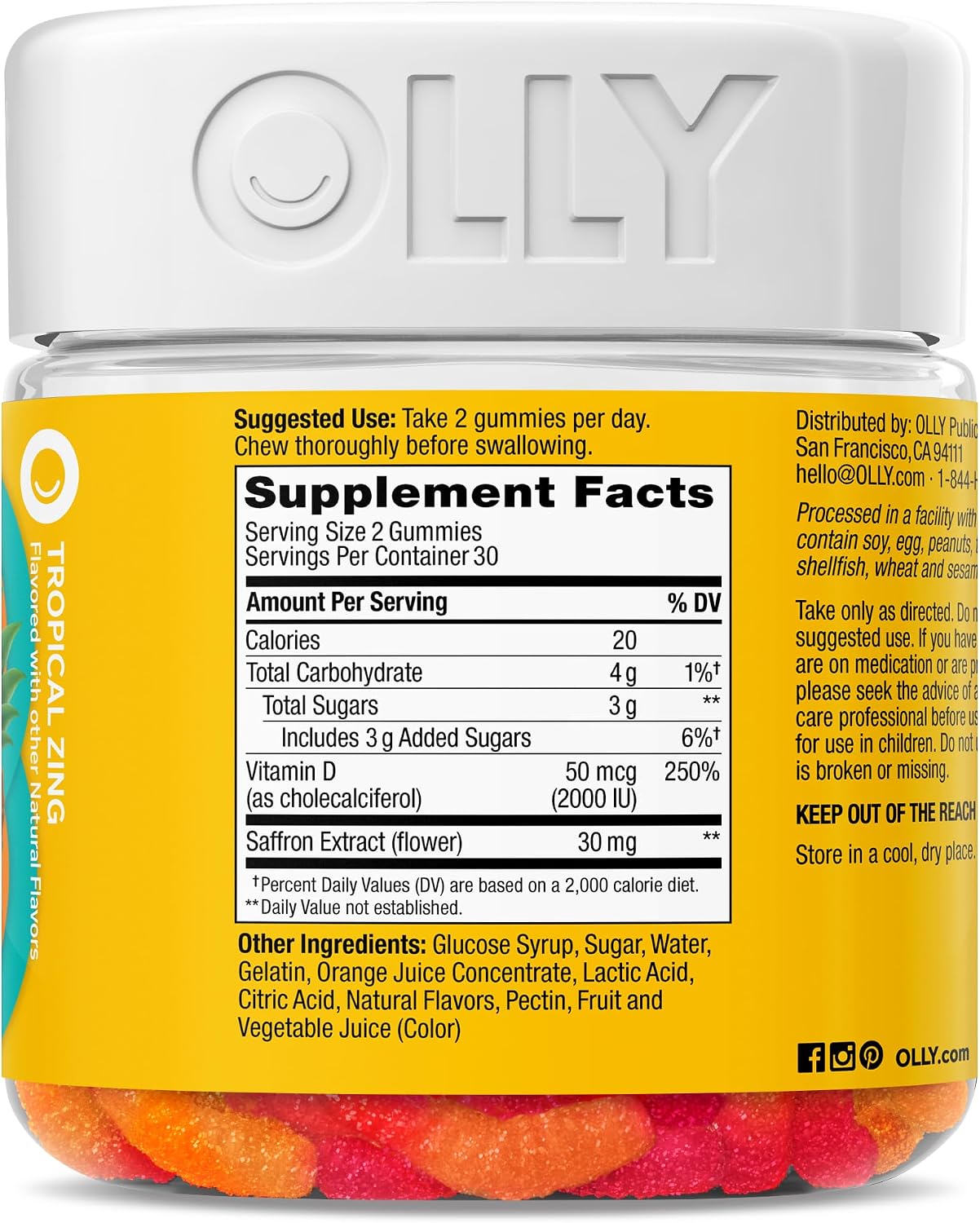 OLLY Hello Happy Gummy Worms, Mood Support Gummies for Adults with Saffron Extract & Vitamin D, Tropical Zing, 60 Count - görsel 7