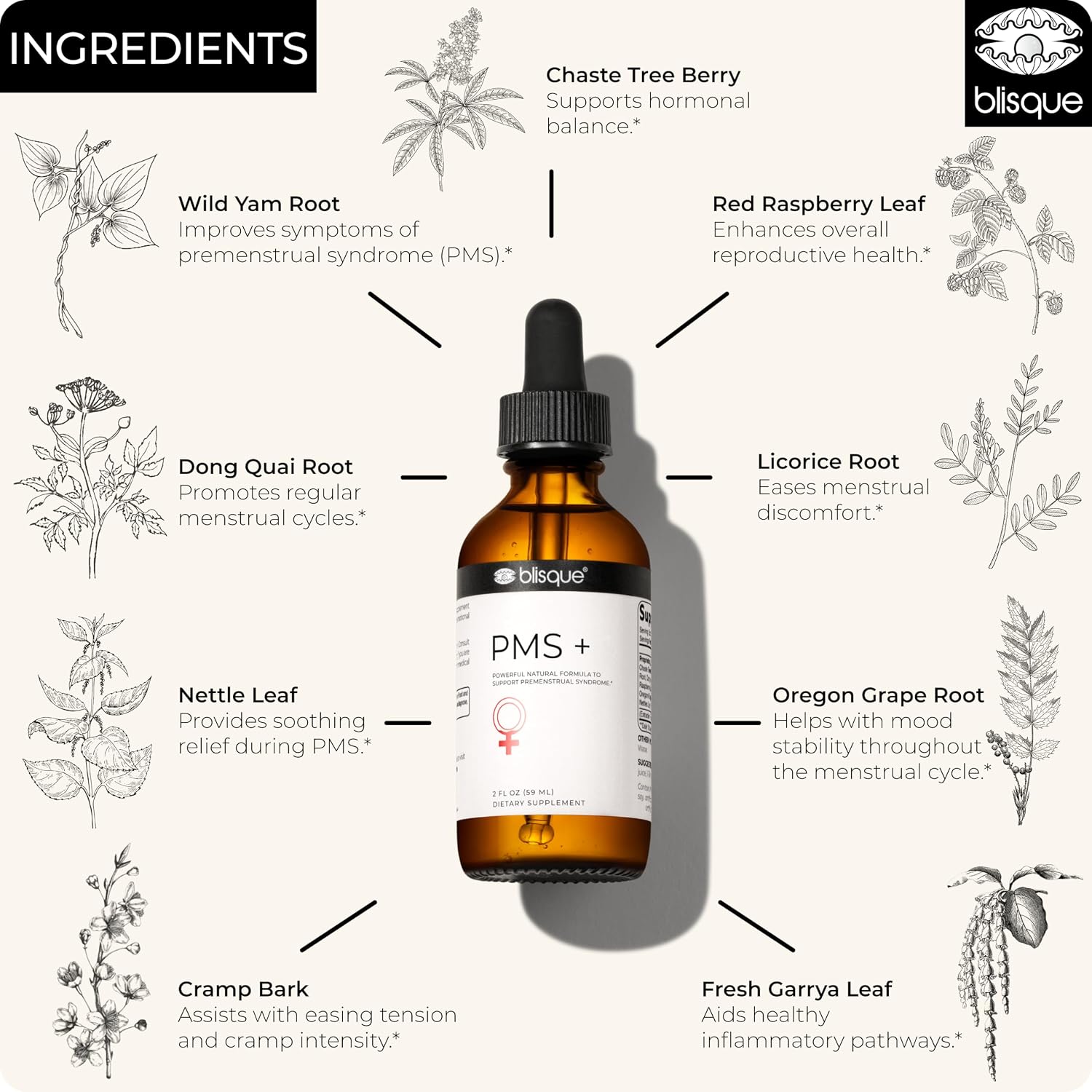 Blisque – Natural PMS Support Supplement for Period Cramps and Bloating Relief | Hormone Balance for Women | with Chasteberry | Doctor Approved | Vegan and Non-GMO | 59ml | 59 Servings - görsel 4