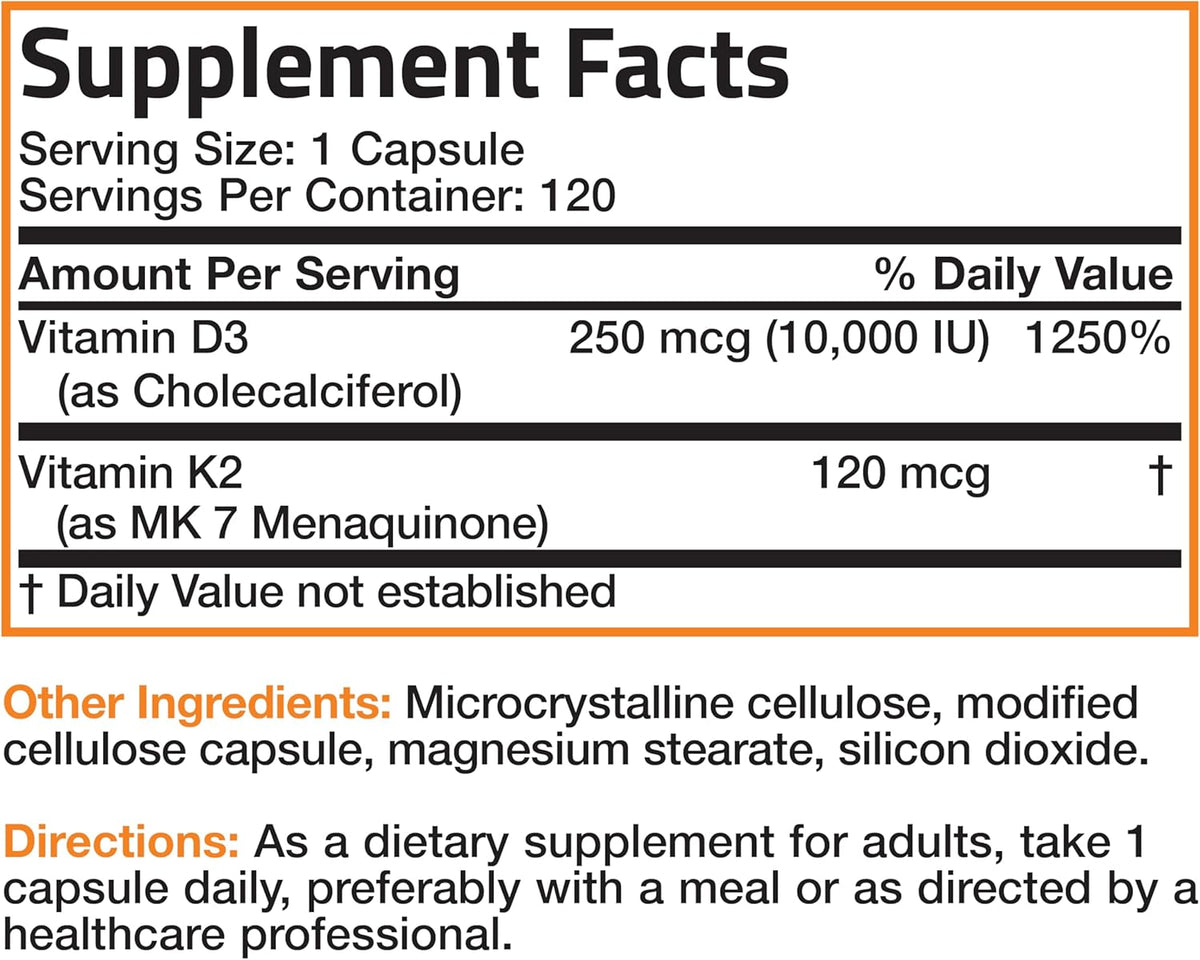 Bronson Vitamin K2 (MK-7) with D3 Extra Strength – 10,000 IU D3 & 120 mcg K2, 120 Capsules - görsel 7