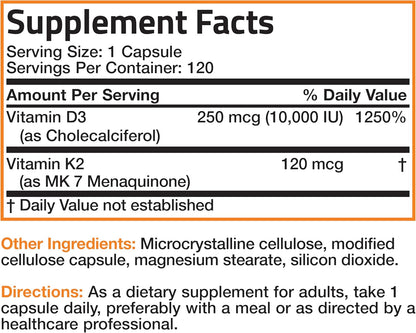 Bronson Vitamin K2 (MK-7) with D3 Extra Strength – 10,000 IU D3 & 120 mcg K2, 120 Capsules