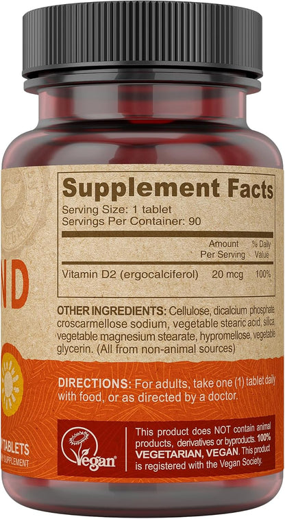 DEVA Vegan Vitamin D2 800 IU, Ergocalciferol Supplement with No Animal Ingredients, 90 Tablets