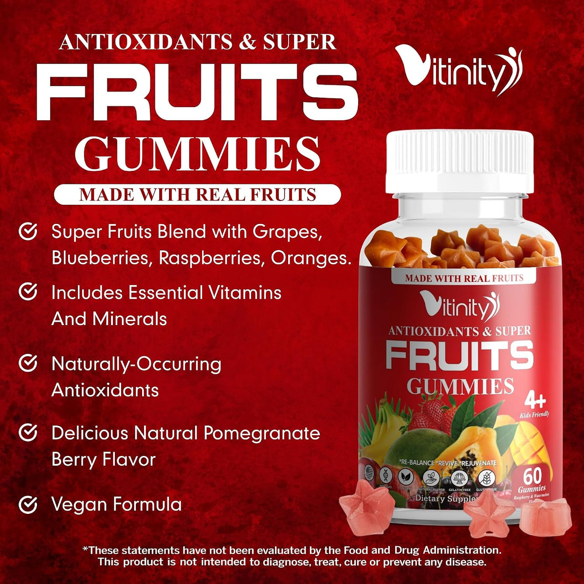 VITINITY Real Fruit and Veg Gummies - Superfood Food Supplement for Women, Men & Children - 60 Day Supply - görsel 4