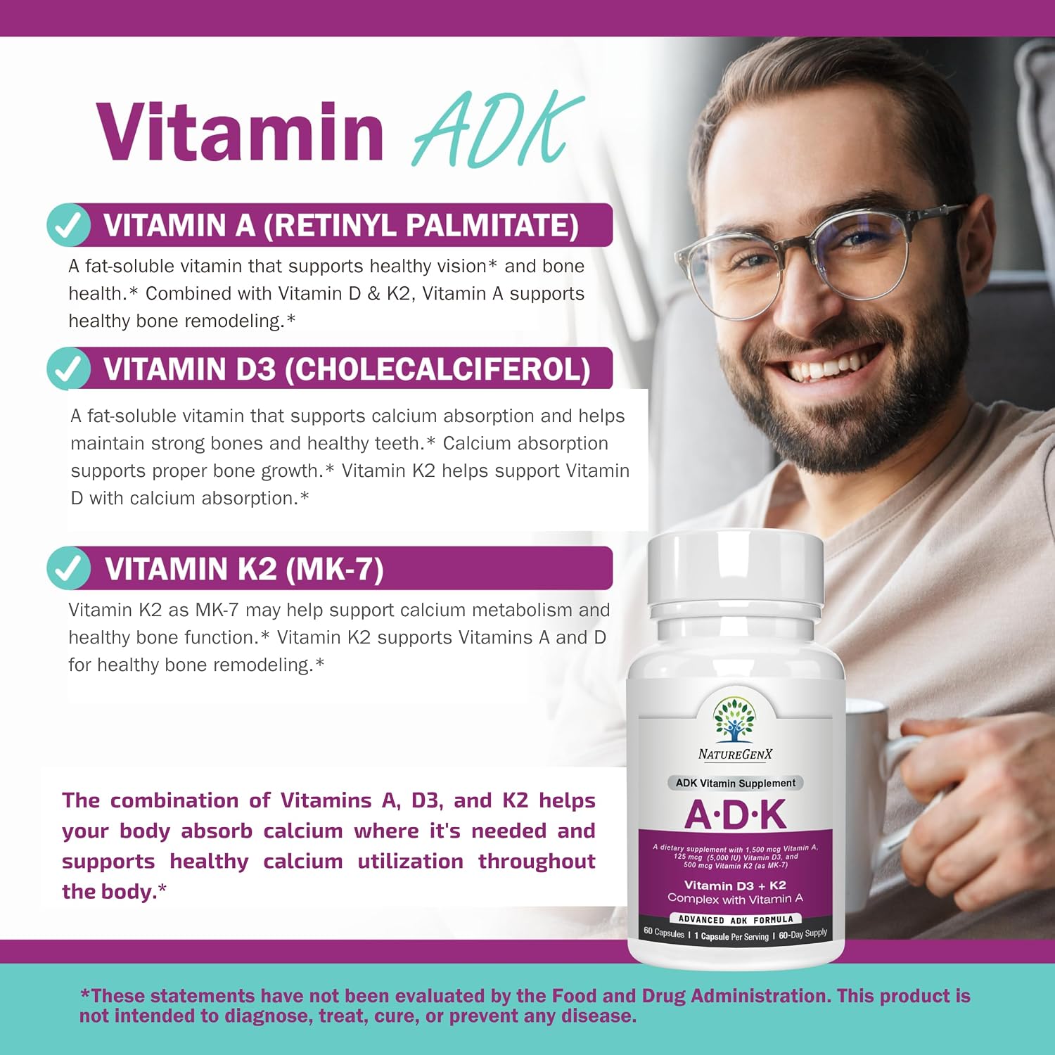 NatureGenX ADK Vitamin Supplement – Vitamins A, D3 & K2 MK-7 for Bone Health & Calcium Absorption – Gluten-Free, Non-GMO, Soya-Free – 60 Capsules (2-Month Supply) - görsel 5