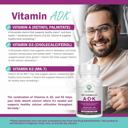 NatureGenX ADK Vitamin Supplement – Vitamins A, D3 & K2 MK-7 for Bone Health & Calcium Absorption – Gluten-Free, Non-GMO, Soya-Free – 60 Capsules (2-Month Supply)