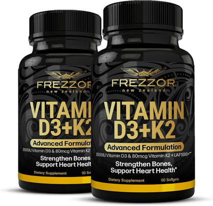 FREZZOR Vitamin D3 and K2 Capsules - High Strength D3 2000IU and K2 (MK-7) 80mcg, Heart & Bone Health, 120 Softgels