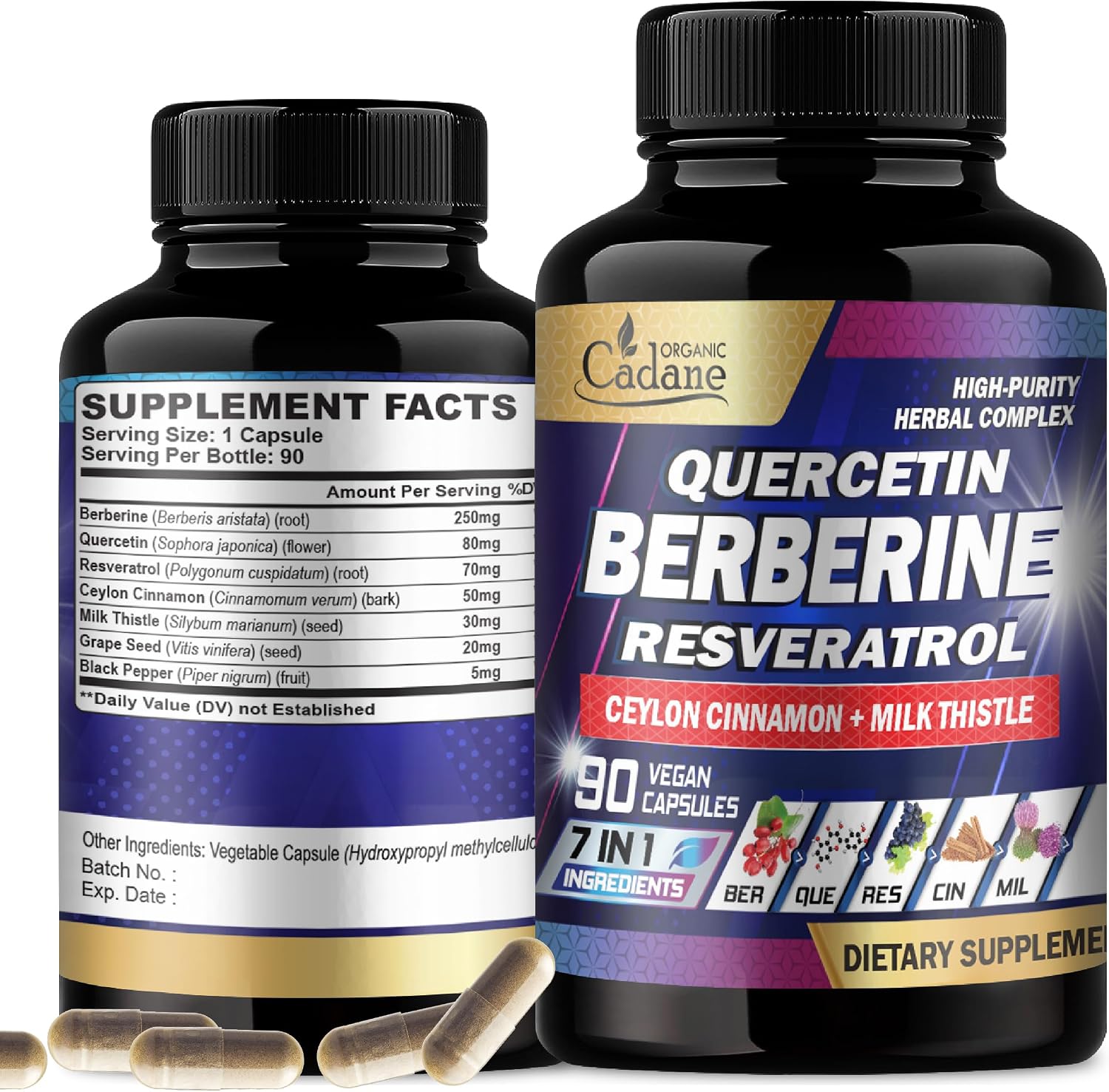 Organic Cadane 7in1 Pure Berberine Supplement with Quercetin, Ceylon Cinnamon, Resveratrol, Milk Thistle, Grape Seed & Black Pepper - 90 Capsules - görsel 1